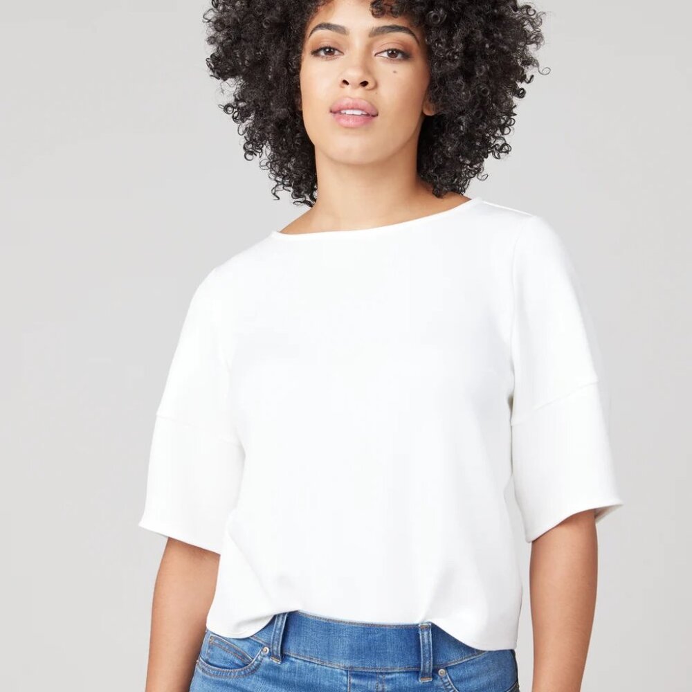 NWT Spanx AirEssentials Desk to Dinner Elbow Sleeve Top, Large, White Powder